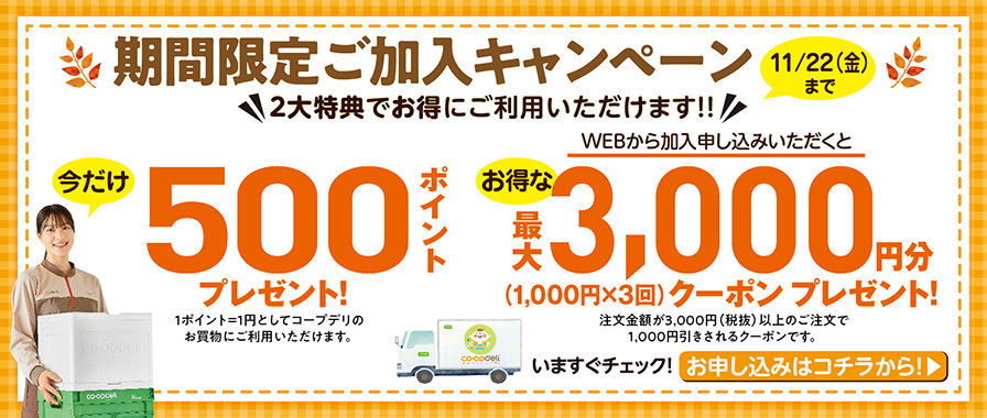 コープデリ3,000円割引クーポン500ポイント